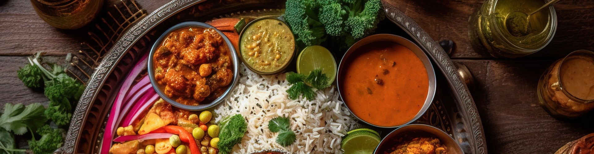 overhead view of a thali, a traditional Indian platter, filled with an assortment of colorful curries, fragrant rice, crispy papadums, and freshly baked naan bread.