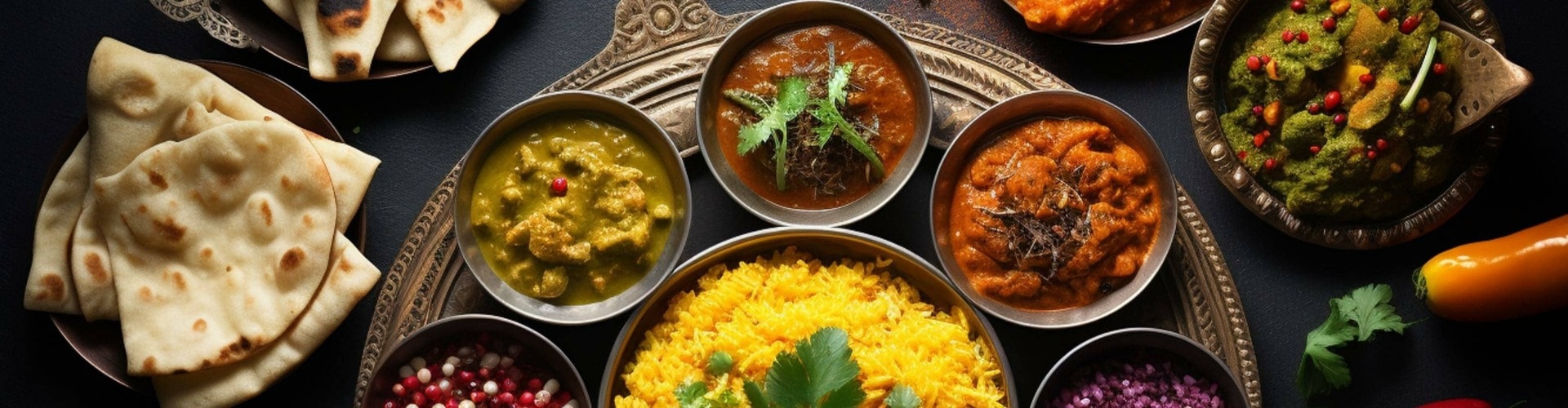 assorted indian cuisine on dark rustic background with traditional dishes and spices. square top view photo. Generative AI