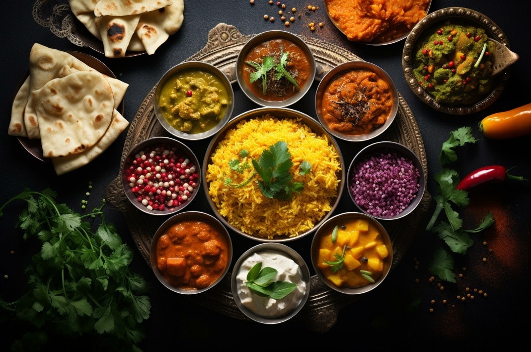 assorted indian cuisine on dark rustic background with traditional dishes and spices. square top view photo. Generative AI