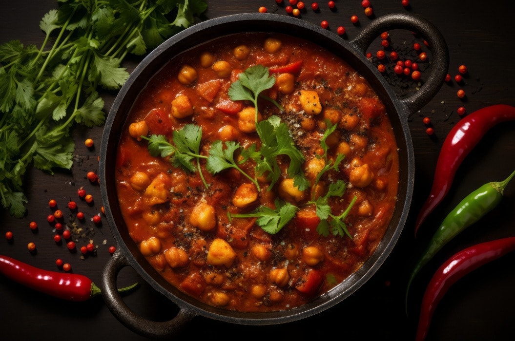 food photograph of indian dish Chana Masala, high resolution, 16:9 format, copy space