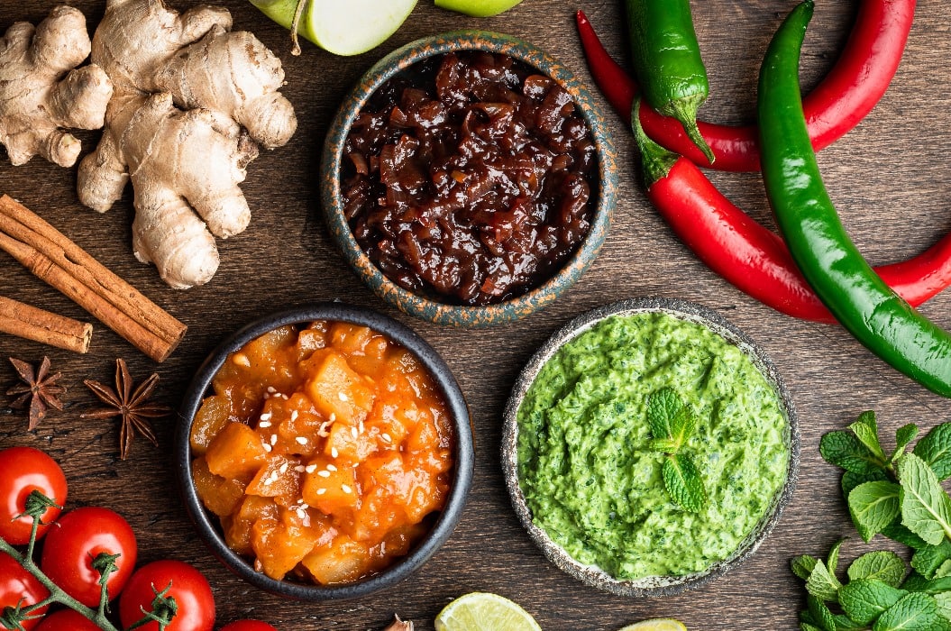 Indian chutney set in bowls on wooden background, top view