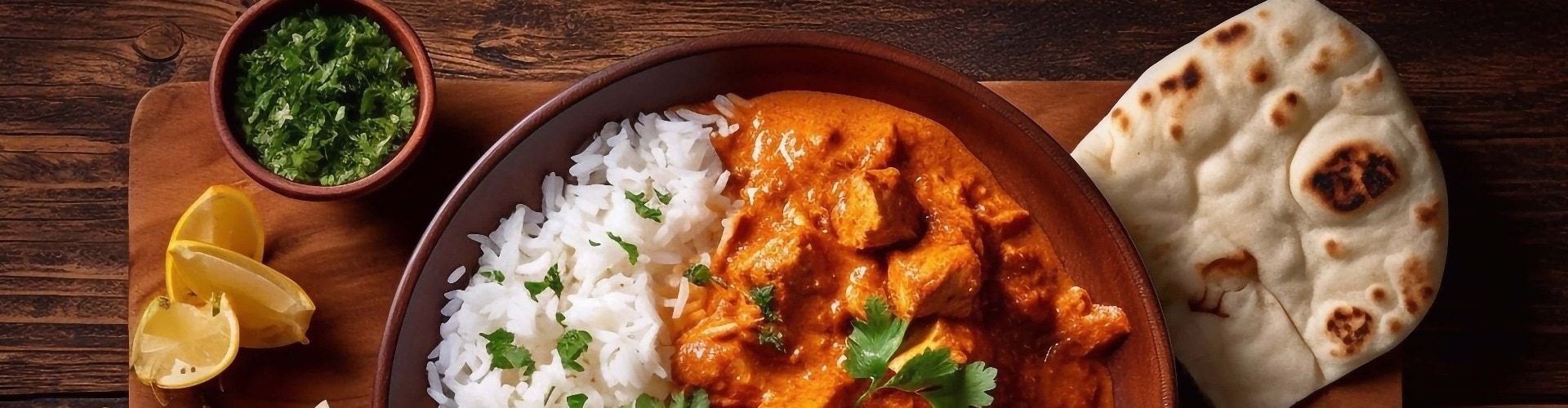 Traditional Indian dish Chicken tikka masala with spicy curry meat in bowl, basmati rice, bread naan on wooden dark background, top view, close up. Indian style dinner from above