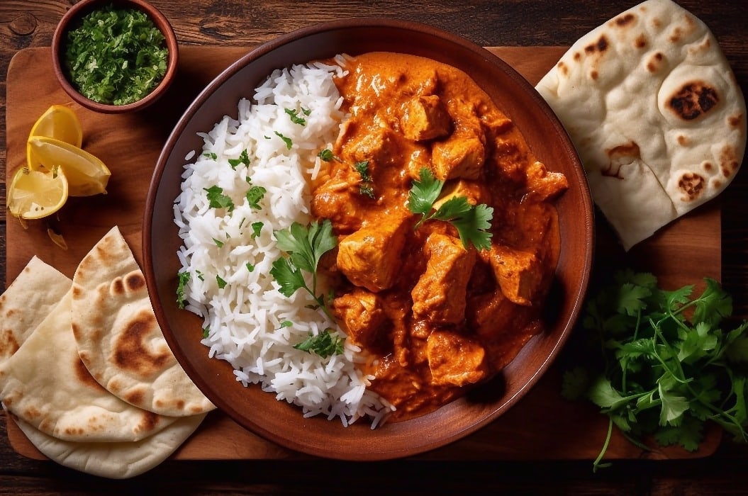 Traditional Indian dish Chicken tikka masala with spicy curry meat in bowl, basmati rice, bread naan on wooden dark background, top view, close up. Indian style dinner from above