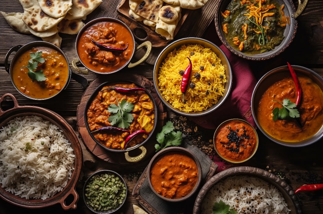 Traditional Indian dishes on the wooden table, selection of assorted spicy food, ai generated